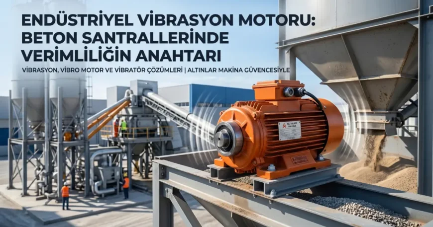 Beton santrali bunkerinde agrega akışını sağlayan turuncu vibrasyon motoru.